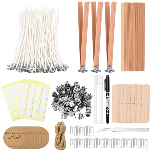 375Pcs Candle Making Kit, 4" Cotton Wicks & 5" Wood Wicks | Wick Holders, Candle Stickers, Tweezers, Pen, Use for DIY Candle Making - size: 4IN-130pcs