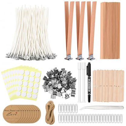 375Pcs Candle Making Kit, 4" Cotton Wicks & 5" Wood Wicks | Wick Holders, Candle Stickers, Tweezers, Pen, Use for DIY Candle Making - size: 4IN-130pcs