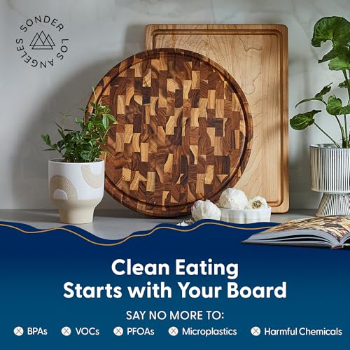 Sonder Los Angeles Vincent End Grain Teak Cutting Board, Round 15x15x1.5 in | Non-toxic, Juice Groove, Butcher Block, Perfect for Pizza & Charcuterie, Built-in Handles, Gift Box Included, 6 lbs - color: Vincent | Teak | End Grain
