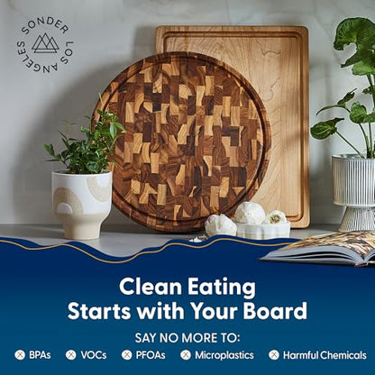 Sonder Los Angeles Vincent End Grain Teak Cutting Board, Round 15x15x1.5 in | Non-toxic, Juice Groove, Butcher Block, Perfect for Pizza & Charcuterie, Built-in Handles, Gift Box Included, 6 lbs - color: Vincent | Teak | End Grain
