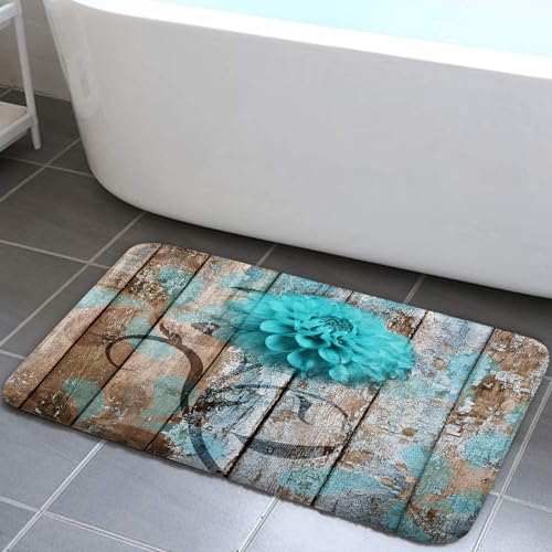 Farmhouse Floral Flower Bath Mat, Teal Dahlia Rustic Wooden Plank Country Barn Wood Turquoise Blue Non-Slip Flannel Soft Doormat Floor Entryways Outdoor Indoor Front Door Mat, (16X24) - color: Green, size: 1'4" x 2' (Rectangular)