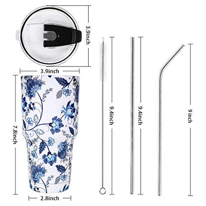 SYACOT 30oz Tumbler Double Wall Stainless Steel Vacuum Insulated Travel Mug with Splash-Proof Lid Metal Straw and Brush - color: Blue and White Porcelain-30oz
