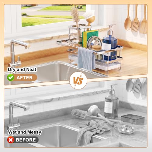 Sponge Holder for Kitchen Sink, Self-draining Sink Caddy with Towel Rack and Brush Holder, Metal Kitchen Countertop Organizers and Storage Essentials, Silver - color: Silver