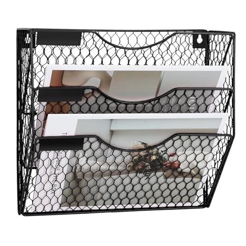 Mail Organizer Wall Mount Hanging File Holder Storage, Metal Chicken Wire Magazine Rack 3 Tier, Black - color: Black, size: 3 Tier