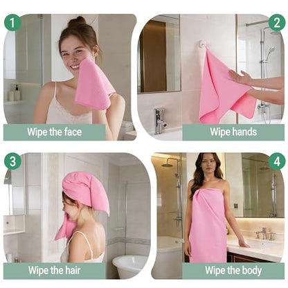 MICROFI Waffle Weave Bath Towel Set, Microfiber, 4 Pieces (Body/Hair/Hand/Face), Quick Dry, Lightweight, Super Absorbent, Lint Free, 380 GSM (Pink) - color: Pink