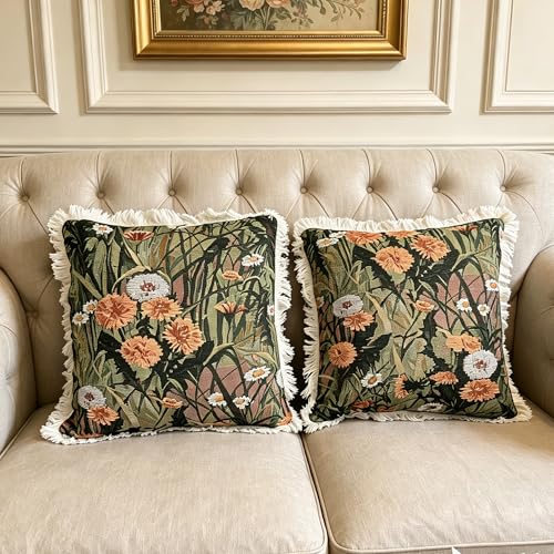 Vintage Floral Throw Pillow Cover with Fringe Trim, Cotton Cross Stitch Fabric, Abstract Oil Painting Style, Suitable for Living Room Sofa Bed, Flower and Plant Style (2 PCS Dandelion, 18*18 inch) - color: 2pcs Dandelion