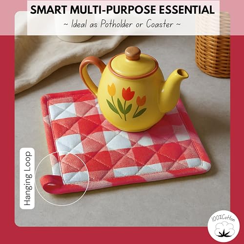 Native Fab Buffalo Plaid Check Oven Mitts and Pot Holders Set of 4, 100% Cotton Heat Resistant Kitchen Gloves, 2 Oven Mitts (7x13), 2 Pot Holders (8x8) for Cooking & Baking, Red White - color: Buffalo, Red