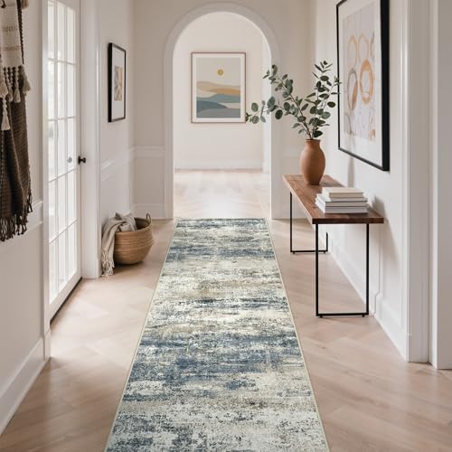 GENIMO 2x12 Runner Rug Non Slip Washable for Hallway Entryway Navy Blue | Modern Abstract, Lightweight Low Pile Thin Carpet, Spill and Stain Resistant Soft Mat for Kitchen Floor, Laundry Room Bedroom - color: Navy Blue Gray, size: 2' x 12' (Rectangular)