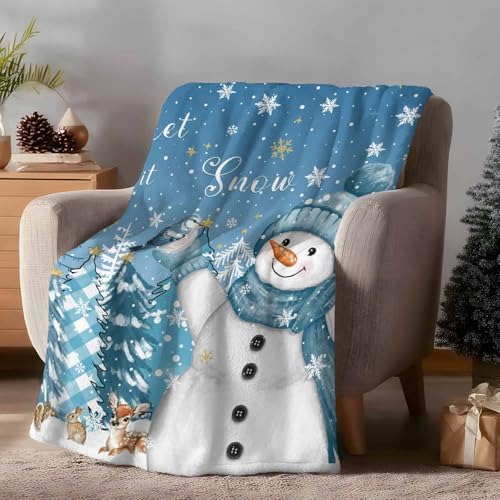 Blue Snowman Throw Blanket, Let Snow Christmas Super Soft Warm Flannel Blankets for Bed Couch Sofa Pine Trees Bird Winter Snow Scene Animal Lightweight Fluffy Plush Bed Throws 40x50 Inch - color: Blue White, size: 40''x50''
