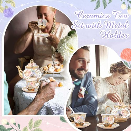 Zhehao 20 Pcs Porcelain Tea Set with Metal Holder and Spoon Adult Ceramic Tea Set European Flower Painting Teapot Cup Saucer Spoon for Women Mom Gift, Large Version (Rustic Style) - color: Rustic Style