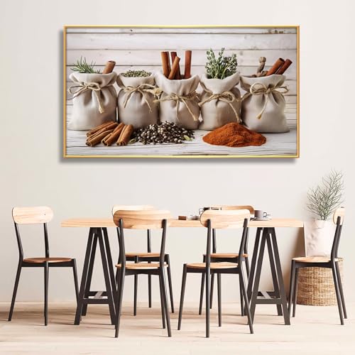 Kitchen Canva Wall Art, Spices and Herbs Large Unique Painting Canvas Print, Large Kitchen Canvas Wall Art Decor, Kitchen Canvas Wall Art Decor, Kitchen Pictures Wall Decor, Kitchen Wall Decor (Gold Metal Framed, 69"x 39"| 174x98cm) - color: Gold Metal Fr