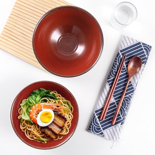 Ceramic Japanese Ramen Bowl Set, 2 Sets Asian Pho Udon Soup Noodle Bowls with Spoons and Chopsticks (Red, 8 inches) - color: Red