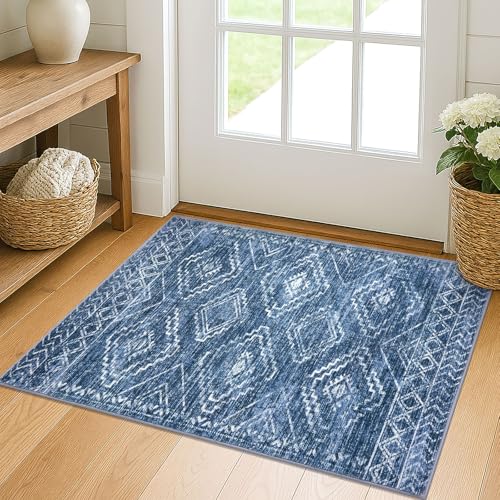 KILOCOCO Entryway Rug 2x3 Washable Rug Door Mat Indoor, Stonewashed Blue | Non Slip Throw Rugs whith Rubber Back, Printed Geometric Kitchen Rug, Soft Small Rug for Bedside Entrance, Thin Accent Rugs - color: Stonewashed Blue, size: 2' x 3' (Rectangular)