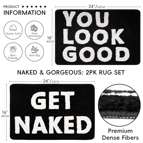 2PCS Get Naked Bath Mat & You Look Good Bath Rug, Funny Bathroom Rug Set | Black-and-White Microfiber Rugs, 16 X 24 In Each; Absorbent Pile, Non-Slip TPR Backing, Machine Washable For Samll Bathrooms - color: Black and White
