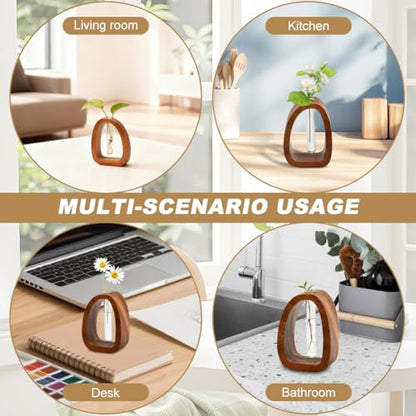 Solid Wood Frame Glass Test Tube Vase Desk Hydroponic Plant,Modern Decorative Hydrophilic Plants Vases,Mini Propagation Station for Hydroponic Plants,Desktop Home Office Decor