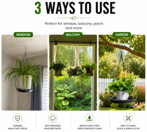 Window Plant Hanger 2 Pack, Black Metal Hanging Plant Shelf with Water Catcher Tray, Outdoor Hanging Planter Basket for Balcony, Patio & Indoor Home Decor - size: 9.8in-2Pack