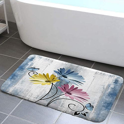 Rustic Farmhouse Bath Mat Set, Daisy Floral Flowers and Butterfly on Country Wooden Bathroom Mat Set with Non-Slip Bath Rug, Soft Toilet Lid Cover and Contour Mat, Turquoise Blue - color: Blue-2