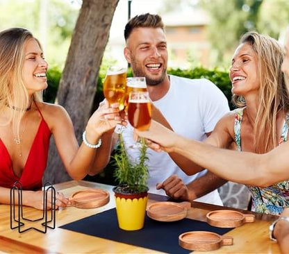 Best Wooden Handle Coasters Set of 4 with Holder Coffee Table Decor Acacia Wood Coaster for Living Room Modern Cup Coaster for Drink Home Kitchen Dining Accessories Bar Farmhouse Outdoor Decorative