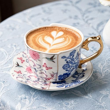 KAMMAK Tea Cups and Saucers Set of 2, 8 oz Porcelain Coffee Cups, YX018 | Stackable Espresso Mugs, Ceramic Demitasse for Coffee, Cappuccino, Latte, Americano, Tea - size: 8CZYX018