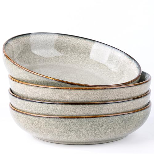 AmorArc 8.5’’ Ceramic Pasta Bowls Set of 4, 36oz Large Stoneware Bowls Set | Large Dinner Serving Bowls Set, Wide Bowl Plate for Pasta,Salad, Soup, Microwave Safe, Reactive Glaze-Green Wheat - color: Green Wheat, size: Set of 4