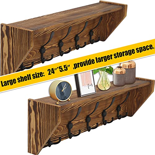 WEBI Wall Shelf with Hooks Underneath,24" Long Wall Mounted Coat Rack with Shelf,5 Triple Hooks,Wall Shelves for Bathroom,Rustic Brown - color: Brown, size: 24 Inch