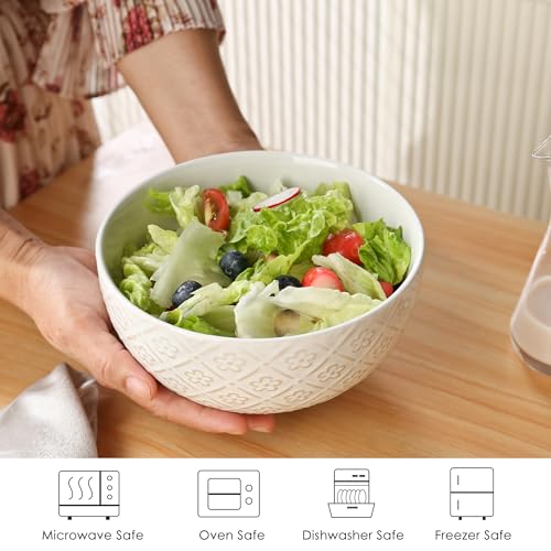 40 OZ Large Cereal Bowls Set of 4, Farmhouse Embossment Ceramic Salad Bowls for Soup, Serving, Fruit, Snack, Noodle, Ramen, Pho, Microwave & Dishwasher Safe, 6.7 Inch White - size: 6.7 INCH