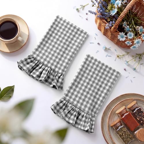 HunnmingRe Gray Kitchen Towels Set of 2, 100% Cotton Ruffled Gingham Dish Towels 18"x28" Tea Cloths Classic Plaid Pattern for Farmhouse Charm, Drying Dishes, Entertaining Guests - color: Gray, style: Gingham