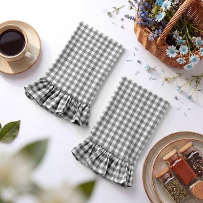 HunnmingRe Gray Kitchen Towels Set of 2, 100% Cotton Ruffled Gingham Dish Towels 18"x28" Tea Cloths Classic Plaid Pattern for Farmhouse Charm, Drying Dishes, Entertaining Guests - color: Gray, style: Gingham