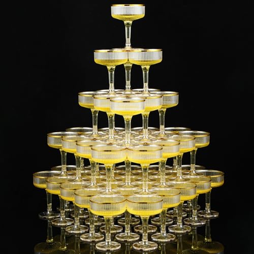 Set of 55 Champagne Tower 7 oz Plastic Champagne Coupe Glasses Set Stackable Plastic Ribbed Martini Glasses Unbreakable Acrylic Cocktail Coupe Cups for Wedding Birthday (Glitter,Gold) - color: Gold, size: Glitter