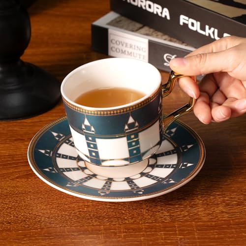 KAMMAK Tea Cups and Saucers Set of 2, Porcelain Coffee Cups, NX041 | Gold Rim, Stackable Espresso Mugs, Ceramic Demitasse for Coffee, Latte, Americano, Afternoon Tea, Elegant Gift for Women - size: 8CZNX041+42