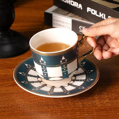 KAMMAK Tea Cups and Saucers Set of 2, Porcelain Coffee Cups, NX041 | Gold Rim, Stackable Espresso Mugs, Ceramic Demitasse for Coffee, Latte, Americano, Afternoon Tea, Elegant Gift for Women - size: 8CZNX041+42
