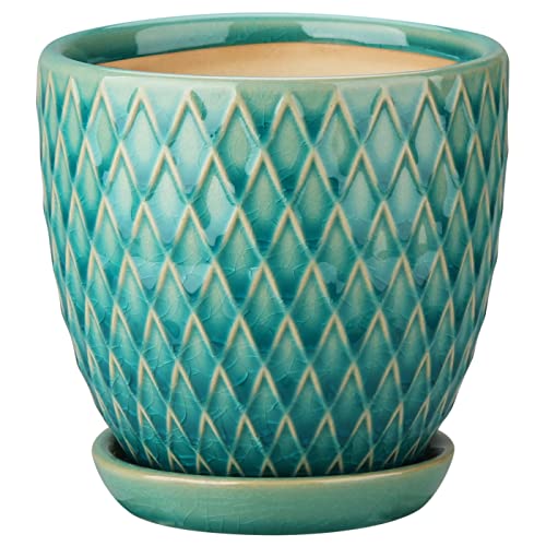 Oairse 4 inches Ceramic Planters Pots for Indoor Plants 3 Set of Small Round Flower Pots with Drainage Hole and Ceramic Tray Modern Planters Set for Succulents Cactus Garden Home Windowsill Table - color: Teal