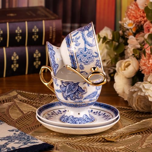 KAMMAK Tea Cups and Saucers Set of 2, Fine Bone China Coffee Cups, 572N | Stackable Espresso Mugs, Ceramic Demitasse for Coffee, Cappuccino, Latte, Americano, Tea - size: 7KPSP572N