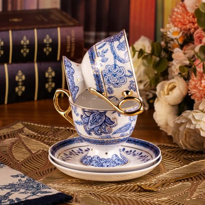 KAMMAK Tea Cups and Saucers Set of 2, Fine Bone China Coffee Cups, 572N | Stackable Espresso Mugs, Ceramic Demitasse for Coffee, Cappuccino, Latte, Americano, Tea - size: 7KPSP572N
