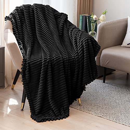 DISSA Fleece Blanket Throw Size – 51x63, Black – Soft, Plush, Fluffy, Fuzzy, Warm, Cozy – Perfect Throw for Couch, Bed, Sofa - with Pompom Fringe - Flannel Blanket Throw Blanket - color: Black, size: 51x63"