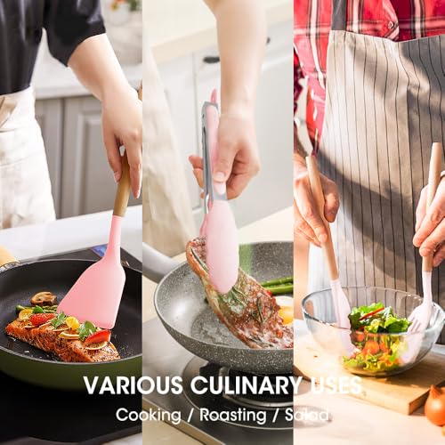 Kitchen Utensils Set Silicone Kitchen Utensils Set with Wooden Handle Utensils for Cooking Heat Resistant Silicone Non-Stick Cookware BPA FREE (Pink) - color: Pink