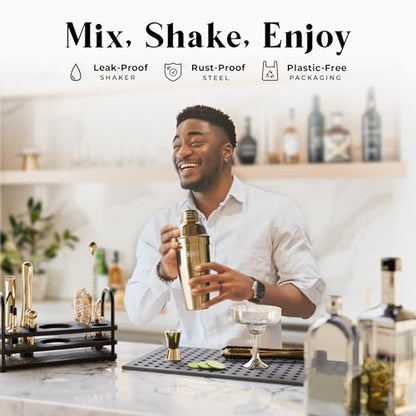 BARE BARREL® Mixology Bartender Kit Bar Set | 14-Piece Cocktail Shaker Set | Martini Barware Mixing Tools for Home Bartending | 35 Recipe Cards | Gift Set (24oz Cobbler Shaker, Gold/Black) - color: Gold/Black