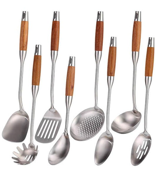 18/10 Stainless Steel Kitchen Utensils Set with RooseWood Handle | 15″ Metal Cooking Tools, 8-Pieces Cooking Spoons Set - Spatula, Ladle, Skimmer, Turner, Pasta, Solid Spoon, Slotted Spoon