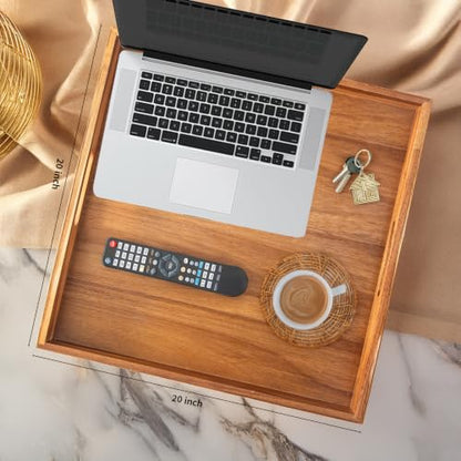 Large Wooden Serving Tray for Ottoman Wooden Ottoman Tray 20INCH Acacia Square Tray with Handles Wooden Coffee Table Tray Multi-Use for Dinner Breakfast Snack & Entertaining Guests