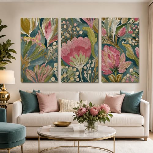 6JUEBING6 3Pcs Abstract Floral Poster Wall Art,Green Flowers Wall Decor | Watercolor Plant Picture Canvas Print Artwork,for Living Room Bathroom Bedroom Home Decoration,16x24in,Unframed - color: Dark green, size: 24"L x 16"W