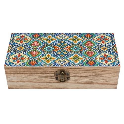 Colorful Mediterranean Tile Mosaic Vintage Wooden Keepsake Box with Hinged Lid, Small Jewelry Chest & Memory Storage Organizer for Women Home Decor - color: Colorful Mediterranean Tile Mosaic