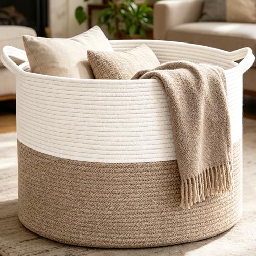 Large Woven Blanket Basket,65L Cotton Rope Laundry Basket | Collapsible Nursery Storage Bin with Sturdy Handles for Clothes, Toys, Pillows, Living Room Bedroom Bathroom - White & Brown - color: White&Brown, size: 19.7"L x 19.7"W x 13"H(65L)
