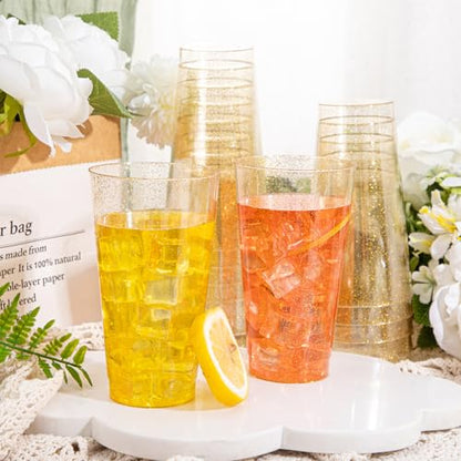 I00000 16 oz Gold Plastic Cups, 50 Pack Gold Glitter Plastic Cups Tumblers Disposable Party Cup Wedding Cup, Heavy-duty Plastic Disposable Glasses Ideal for Birthday, Wedding & Party - color: Glitter-16oz-50