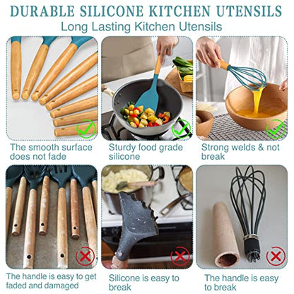 Umite Chef Kitchen Cooking Utensils Set, 33 pcs Non-stick Silicone Utensils Spatula Set with Holder, Silicone Kitchen Gadgets Utensil Set(Dark Blue) - color: Dark Blue