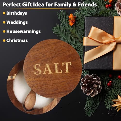 Salt Cellar, Acacia Wood Salt Container with Built-in Spoon & Swivel Lid, Engraved SALT Box, Salt Holder Bowl for Countertop Seasoning Storage - color: Acacia Wood SALT Cellar