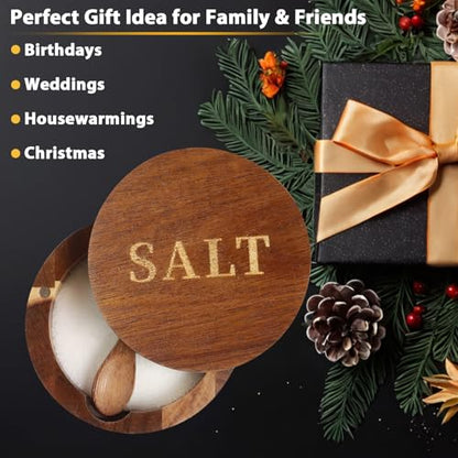 Salt Cellar, Acacia Wood Salt Container with Built-in Spoon & Swivel Lid, Engraved SALT Box, Salt Holder Bowl for Countertop Seasoning Storage - color: Acacia Wood SALT Cellar