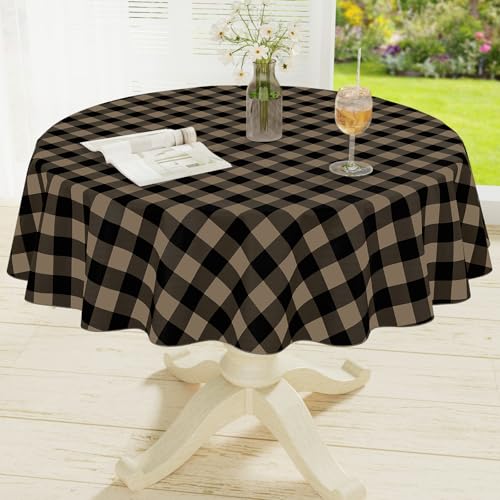 Round Waterproof Vinyl Table Cloth, Buffalo Flannel Backed Tablecloth, Wipeable Plastic Table Cover for Dinner, Kitchen, Picnic (60", Black and Khaki) - color: Black and Khaki, size: 60" (Round)