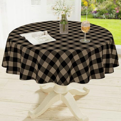 Round Waterproof Vinyl Table Cloth, Buffalo Flannel Backed Tablecloth, Wipeable Plastic Table Cover for Dinner, Kitchen, Picnic (60", Black and Khaki) - color: Black and Khaki, size: 60" (Round)