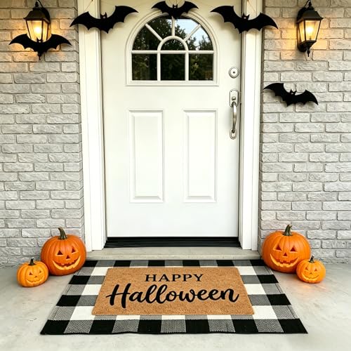 SEEKSEE Happy Halloween Doormat Set, Thick Coco Coir Door Mat + Black and White Buffalo Plaid Rug, Outdoor Layered Mat for Front Door Non-Slip Backing Floor Mat for Porch - color: Happy Halloween - Black White Plaid, size: 2'3" x 3'7" (Rectangular)