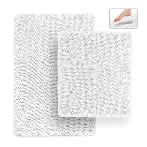 Bathroom Rugs, Extra-Thick Memory Foam Bath Mat, Ultra-Soft Chenille Microfiber, Highly Absorbent, Machine Washable, Shaggy Bath Mats for Bathroom, Non-Slip (21x32 + 20x22, 2pcs) White - color: Cool White, size: 21 x 32 + 20 x 22 - No Cutout
